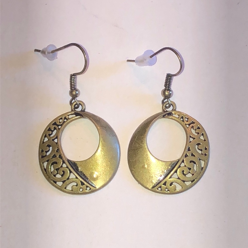 Brass Tone Filigree Crescent Circle Boho Drop Earrings